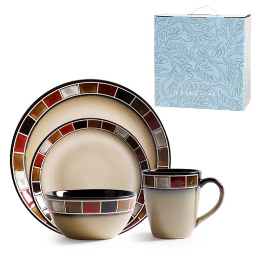 ANCYDPMI Ceramic Dinnerware Set, 4 Pieces Porcelain Dinner Plate, Bowl, Mug for Kitchen – Unique Gift Idea, Scratch Resistant Dishes, Dishwasher & Microwave Safe - Red (Red)