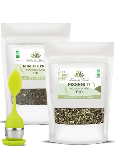 Herbes du Monde - Duo de Tisanes Drainantes BIO - Infusions Organic - Bien-Etre et Détox - Lot de 1 sachet de pissenlit et 1 de reine des près avec 1 Infuseur Certifiée AB