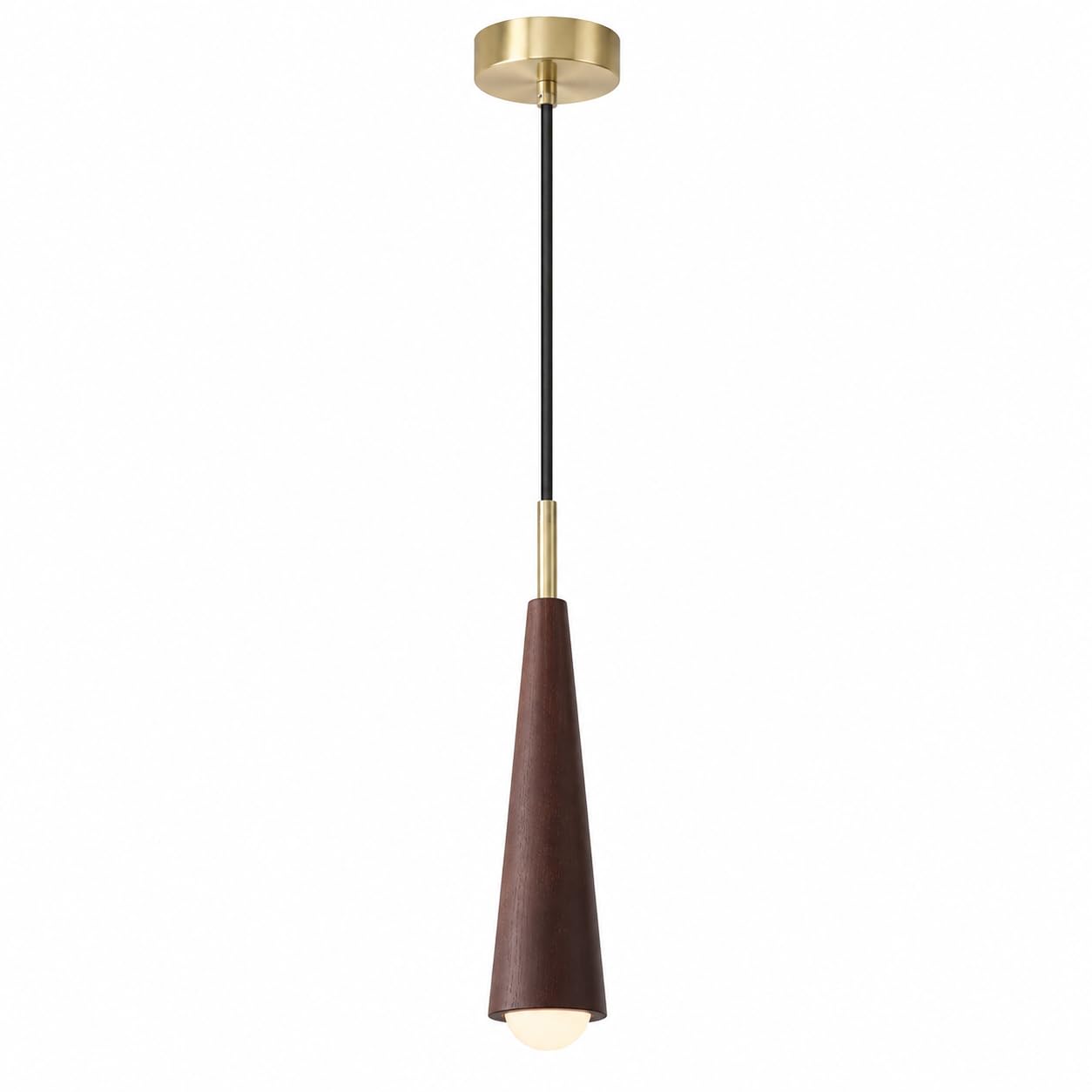 Lámpara colgante moderna de cono de madera y metal con cable para colgar.