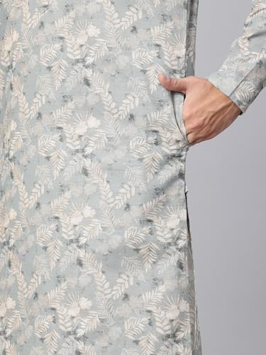 Image of Majestic Man Men's Regular Fit Ethnic Motifs Printed Pure Cotton Long Kurta with Mandarin Collar & Full Sleeves