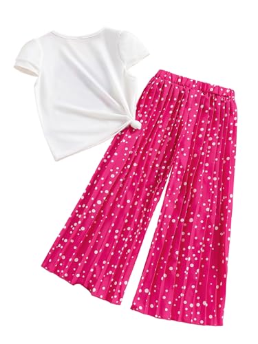 Image of Girl's 2 Piece Outfits Summer Tops Short Sleeve T-Shirt and Wide Leg Pants with Belt Sets
