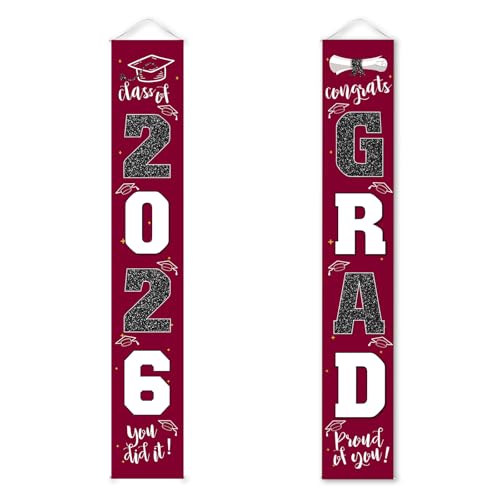Image of Graduation Decorations 2026 Banner Porch Sign Maroon Burgundy Red for Class of 2026 Graduates Party Supplies