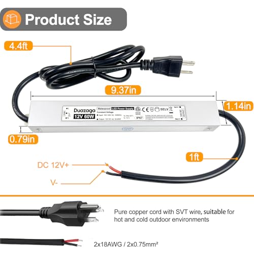 Image of LED Driver 60W 5A 12 Volt Power Supply 120V AC to 12V DC Converter | IP67 Waterproof, ETL Listed Low Voltage Transformer, Slim Transformador, Plug with 4.4ft Cord for Outdoor LED Light and Sign