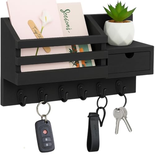 Image of Wooden Wall Mounted Key Holder with Hooks and Organizer Shelf Wall Rack for Letters Wallets and Accessories Home and Office Wall (Black, Drawer Organizer)