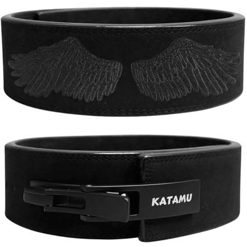 Katamu Premium Leather Lever Weightlifting Belt – Secure Steel Lever, Powerlifting Support for Deadlifts, Squats & Heavy Lifts (Black Out Wings, X-Large)