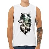 Wolf Art Men's Muscle Tank - Abstract Art Men's Sleeveless T-Shirt - Forest Print Tank - White, 2XL