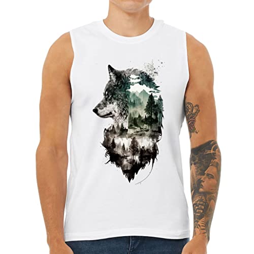 Wolf Art Men's Muscle Tank - Abstract Art Men's Sleeveless T-Shirt - Forest Print Tank - White, 2Xl #TOP8