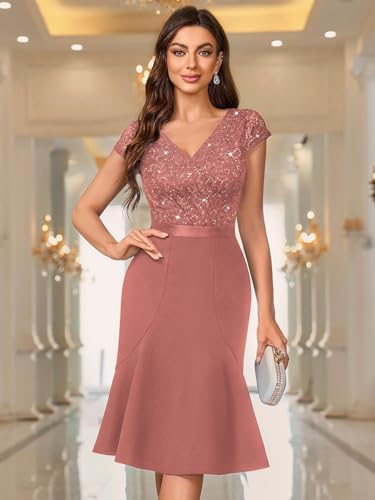 Image of Miusol Women's Elegant V Neck Sequin Glitter Lace Ruffle Style Cocktail Prom Dress