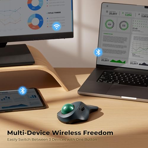 Image of Ergonomic Wireless Trackball Mouse for Wrist Comfort, Bluetooth & USB Receiver, Rechargeable Rollerball Mouse with 44mm Index Finger Trackball, 5 DPI Levels, Multi-Device for PC, Mac, Laptop