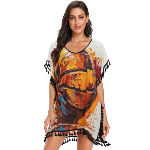 Basketball Fire Abstract Art Women's Beach Cover Up Chiffon Tassel Swimwear Swimsuit Coverups for Girl