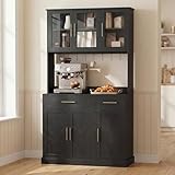 YESHOMY 70.9' Pantry Cabinet with Charging Station, Tall Kitchen Hunch Storage Cabinet with Microwave Stand, Farmhouse Kitchen Hunch with Adjustable Shelves for Living Room, Dining Room, Black