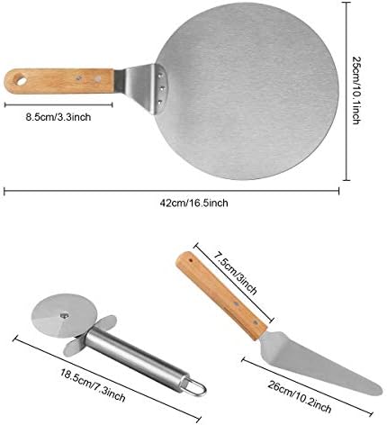 Stainless Steel Wood Handle Wheel Cutter Transfer Shovel Baker Tools for Baking Pizza and Cake on Oven & Grill, 3 Pieces, Silver