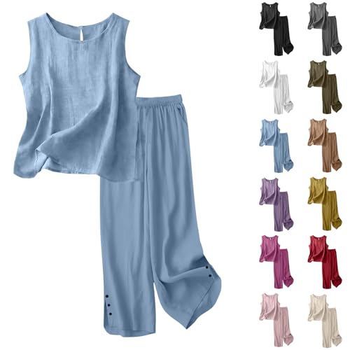Womens 2 Piece Outfits Summer Cotton Linen Casual Matching Sets Lounge Sleeveless Tank Tops and...