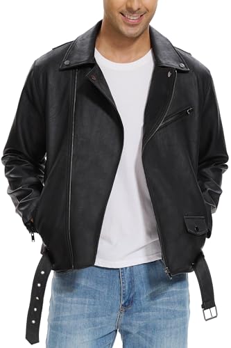 Fahsyee Faux Leather Jacket Men - Motorcycle Bomber Jackets Lightweight Casual Vintage Slim Fit Riding Coat L
