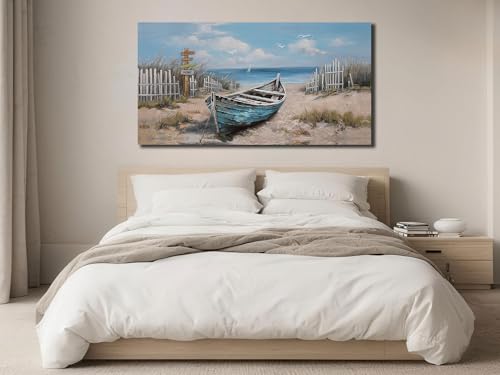 Ardemy Beach Canvas Wall Art Nautical Art Wall Decor for Living Room, Blue Teal Bedroom Picture Textured Boat Painting Framed Artwork Dining Room Home Office Kitchen, Large 40"x20" by Ardemy - Used condition - Image 3
