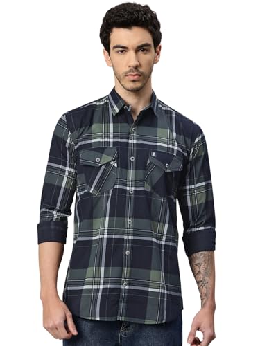 Image of Majestic Man Men's Pure Cotton Cargo Checks Shirt with Dual Flap Pockets - Slim Fit | Full Sleeve | Casual Wear | Trendy & Comfortable