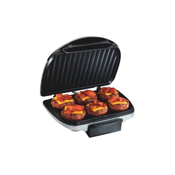 Hamilton Beach Electric Indoor Grill, 6-Serving, Large 90 sq. in. Nonstick Easy Clean Plates, Floating Hinge for Thicker Foods, 1200 Watts, 6.38″D x 12.68″W x 13.78″H , Silver (25371)