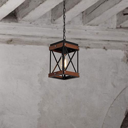 Fivess Lighting Rustic Farmhouse Pendant Light With Wood And Metal Cage, One-Light Adjustable Chains Industrial Mini Pendant Lighting Fixture For Kitchen Island Cafe Bar, Black #TOP2