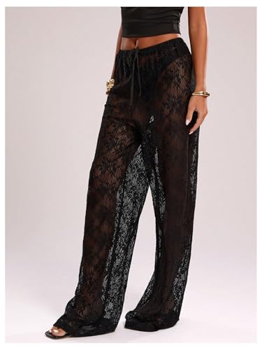 GORGLITTER Women's Lace Pants Sheer Mesh Floral Wide Leg Pants See Through Rave Bell Bottom3