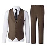WOMS Men Suit Slim Fit Coffee Vest Pants Set V-Neck 2 Pieces Casual Waistcoat Groomsmen Tuxedo Wedding Suit with Tie-L