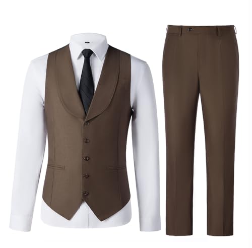 WOMS Men Suit Slim Fit Coffee Vest Pants Set V-Neck