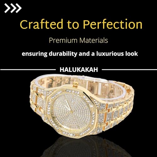 Halukakah Diamonds Watch Iced Out for Boy Teens Kids - 18K Real Gold/Platinum Plated,41mm Octagonal Dial,Japanese Quartz - 7.5" Length - Optional with Cuban Link Chain,with Adjuster Tool -for Birthday4