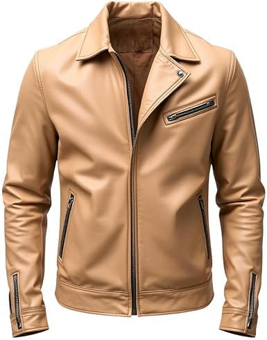 Veste de motard en cuir marron clair pour homme ajustée avec poches zippées