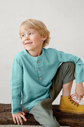 Boys Linen Henley Shirt for Kids Button Down Long Sleeve Dress Shirts Summer Beach Casual T Shirt2