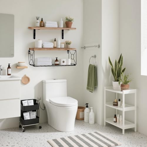 Étagère en bois avec panier de rangement design flottant marron - 7