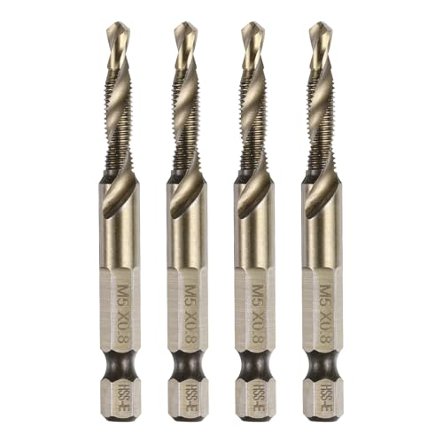 QUARKZMAN 4 Piezas Barrenas de Taladro y Roscado Métrico M5 x 0.8 Rosca Vástago Hexagonal de 1/4' Tornillos de Roscado Amarillo Tostado Barrenas de Alta Velocidad de Acero 6542