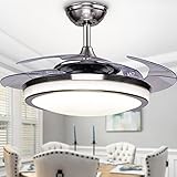 Fandian 44' Modern Ceiling Fan with Lights Remote Control Chandelier Fixture, 3 Lighting Changes Retractable Fandelier for Living Room Bedroom, Brush Chrome with Silent Motor