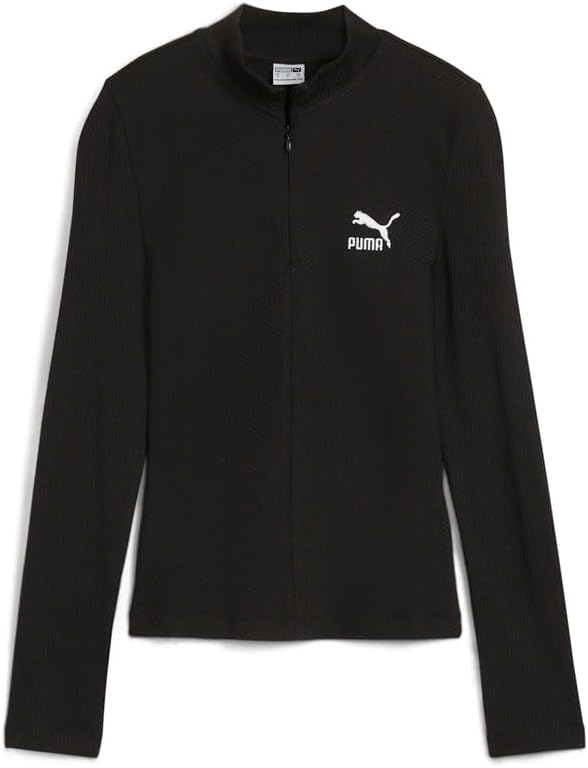 PUMA Womens Classics Ribbed Half-Zip Long Sleeve Athletic Casual Tops - Black
