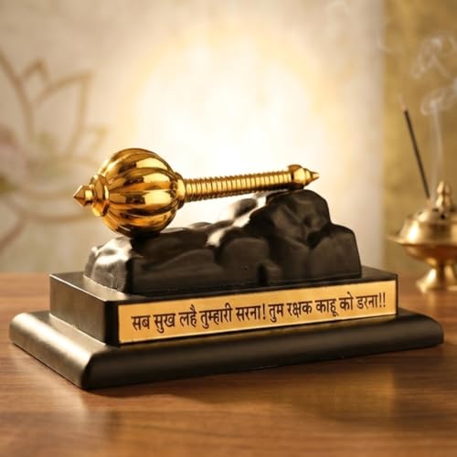 Image of Divine Hindu Hanuman Gada Gold Plated Idol | Small Murti for Car Dashboard, Home Decor, Office Table, Pooja | Spiritual Gift Item for Housewarming (Gold) | 6cm