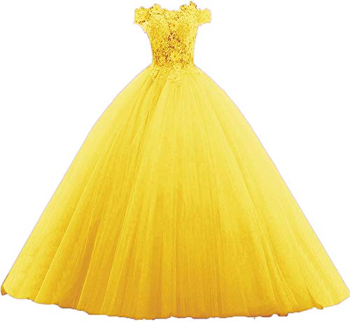 20KyleBird Women s Off The Shoulder Quinceanera Dresses Yellow Tulle Lace Appliques Ball Gown Crystal Sweet 16 Prom Dress in Size 8