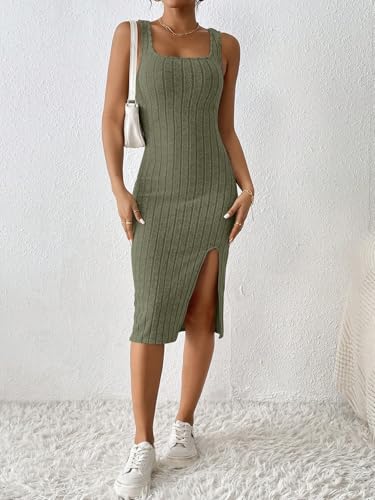 Womens Summer Tank Dress Casual Sleeveless Square Neck Dresses Bodycon Side Slit Sundress Midi Ribbed Sweater Dresses2