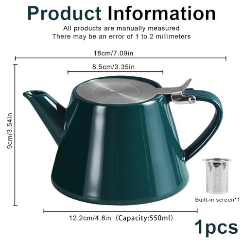 Teekanne mit Siebeinsatz, 500ML Edelstahl Feinmaschiger Infuser Teekanne Porzellan mit Herausnehmbarem Edelstahl-Teesieb, Isolierende Teekanne Keramik für längeren Teegenuss (Dunkelgrün)
