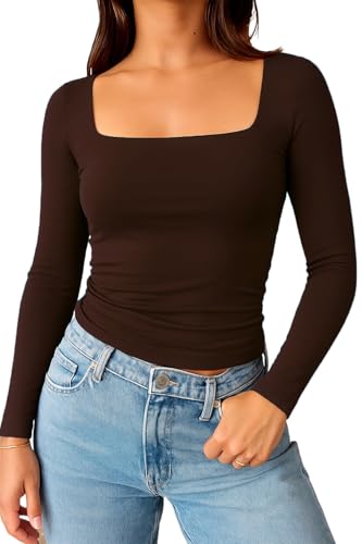 Square Neck Shirt for Women - Long Sleeve Going Out Tops Double Lined Tight Y2K Crop Top Slim Fit2