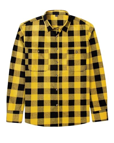 J.VER Flannel Shirt for Men Plaid Long Sleeve Casual Button Down Shirts Regular Fit Cotton Buffalo Checkered Top with Pockets Yellow Black XL