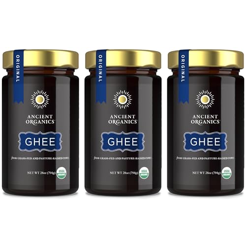 Ancient Organics Ghee - Organic Grass Fed Ghee Butter, Gluten Free, Clarified Butter, Vitamins & Omegas, Lactose Reduced, Kosher, USDA Certified - 28 Oz (Pack of 3)