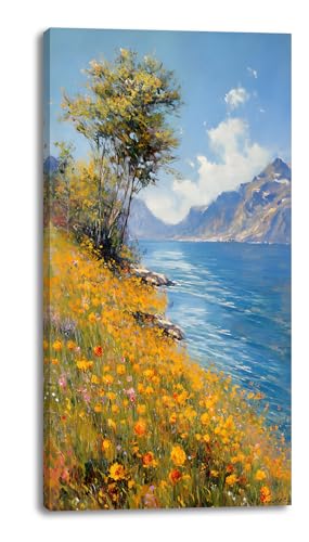 Piy Painting Vertical Landscape of Wild Flowers and Green Trees on The Lakeside Wall Art Decor Artwork for Bedroom (24x48 Inches)