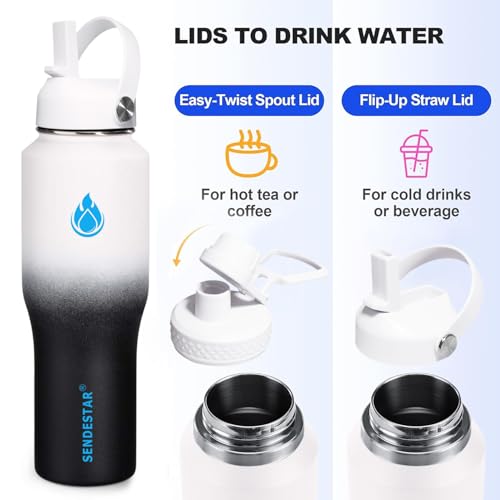 Image of SENDESTAR 32oz Water Bottle Wide Mouth Stainless Steel Vacuum Insulated Double Wall with 2 Straw Lids Fit in Any Car Cup Holder