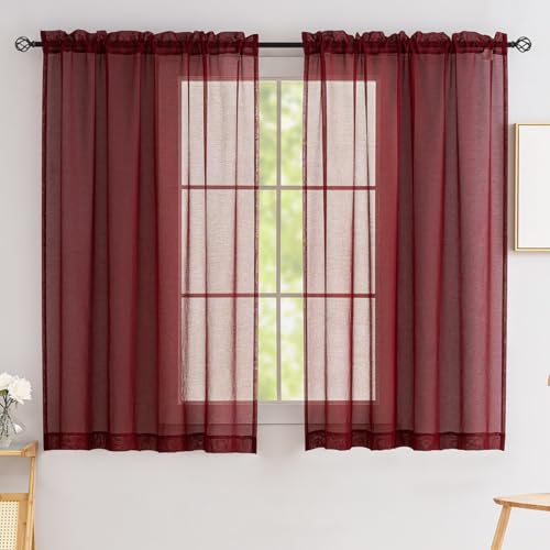 Image of Burgundy Sheer Curtains 54 inch Length Living Room Short Voile Curtains /Drapes Light Filtering Solid Sheers Cafe Curtains Voile Bathroom Basic Small Window Curtain 2 Panels Set, Rod Pocket, 52 inch Wx54 L