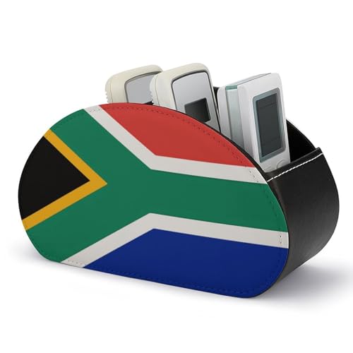 QMNBTES PU Leather South Africa Flag TV Remote Control Holder, 5 Slots Desktop Organizer, Black Remote Caddy for Pens Makeup Brushes, Desk & Nightstand Storage Box for Home Office Living Room
