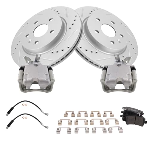 Image of TRQ Performance Rear Brake Pad and Rotor Set Ceramic Slotted Drilled 315 mm Rotors Calipers Hoses Compatible with 2014-2015 Chevrolet Malibu