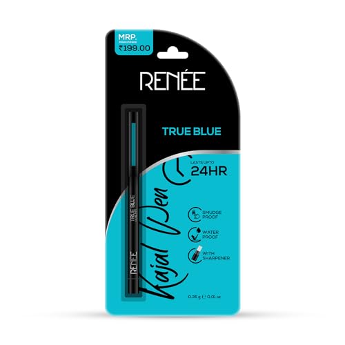 Image of RENEE Kajal Pen with Sharpener - True Blue | 24 Hrs Stay | Long Lasting Kohl Pencil | Matte Finish | Rich Color Payoff | Smudge & Waterproof | One Swipe Application Formula | 0.35gm