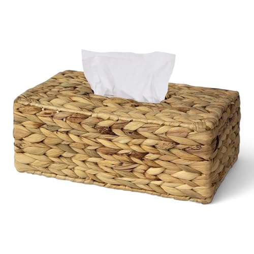 Water Hyacinth Hand Woven Rectangle Tissue Box Cover Holder | Rustic Wicker Straw Tissue Paper Box Napkin Dispenser Organizer for Kitchen, Bathroom and Office with a Free Tissue Box