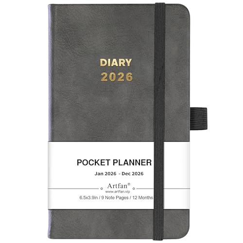 2026 Pocket Diary - A6 Diary 2026 from January 2026 to December 2026, Week to View Diary with Inner Pocket, Grey Leather Cover