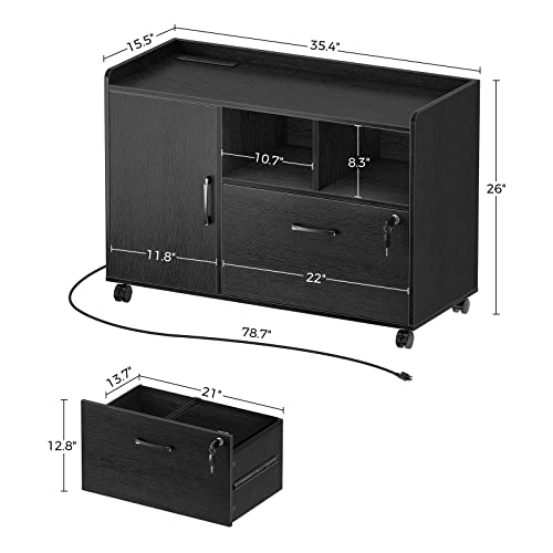 Rolanstar File Cabinet With Charging Station, Mobile Lateral Filing Cabinet With Locking Drawer, Printer Stand With Open Storage Shelf With Wheels, For Letter/Legal/A4 Size Files, Black #TOP2