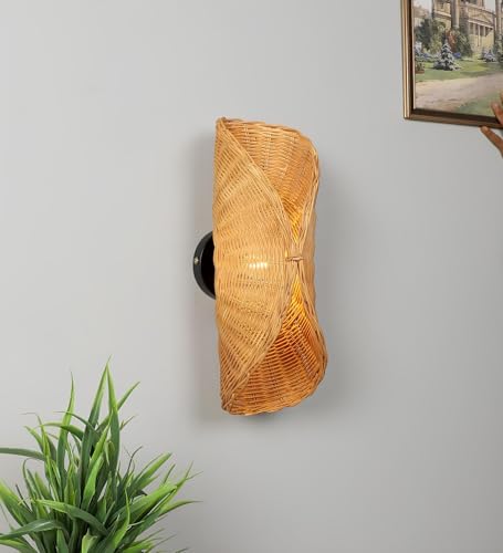 Image of AKWAY Rattan wall Lamps for Living Room | Bamboo wall Lights for Bedroom | Cane wall scones for Home Decoration (Wicker Upside Down)