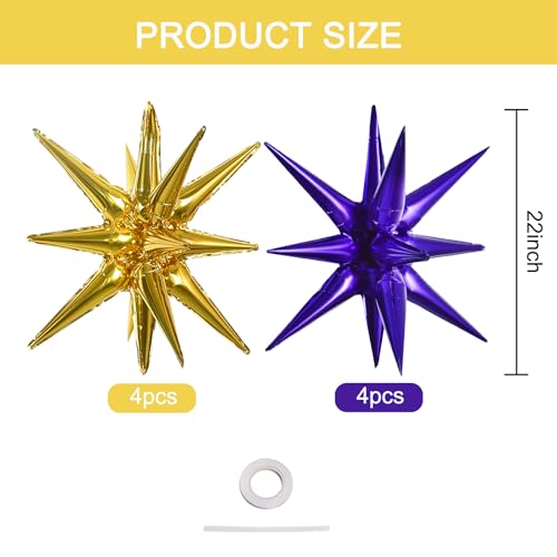 Image of TONIFUL 8 Pcs Explosion Star Balloons Purple Gold Foil Balloon Party Decor | 22 Inch Large Mylar Star Balloon for Adult's Birthday New Year Winter Holiday Mardi Gras Basketball Themed Party Supplies
